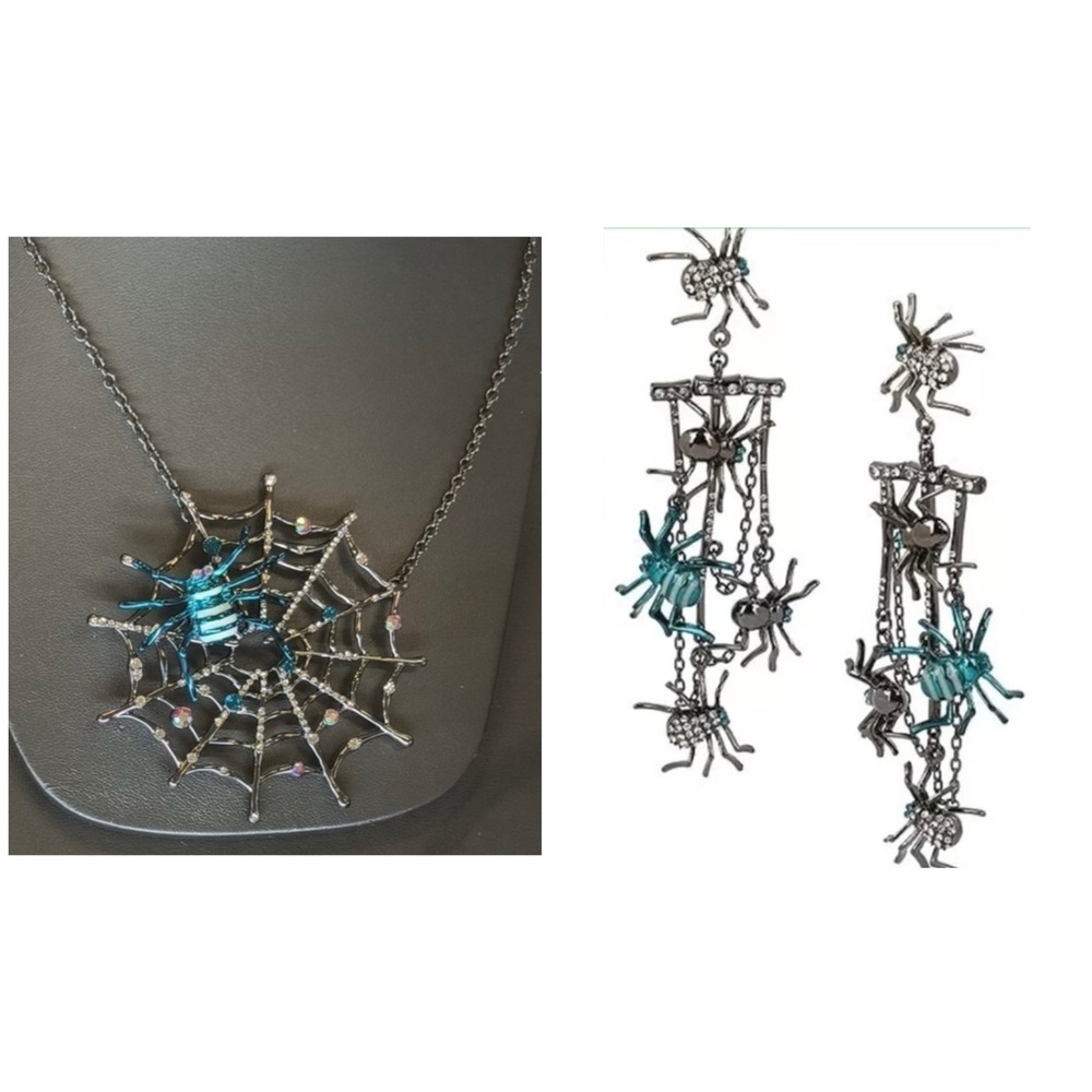 BETSEY JOHNSON SET Halloween Glow in the Dark Spider Earrings & Web Necklace NWT